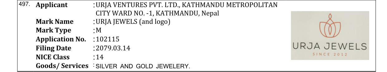 Original bulletin entry for URJA JEWELS (and logo)