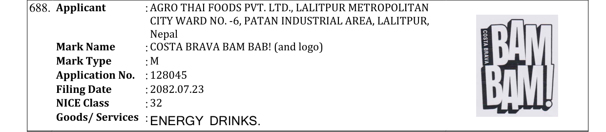 Original bulletin entry for COSTA BRAVA BAM BAB! (and logo)
