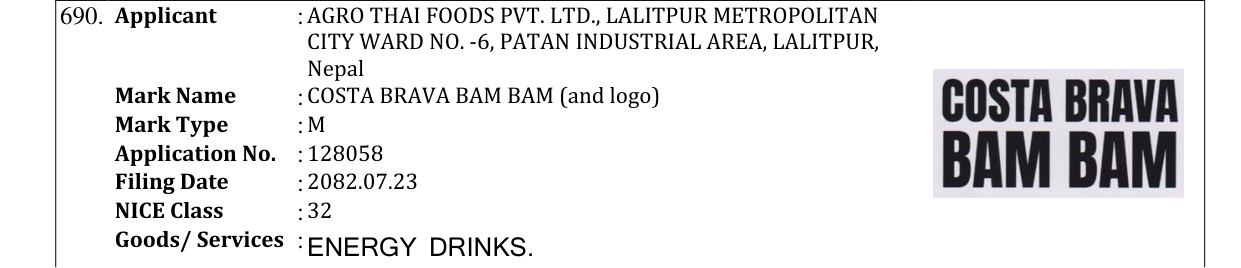 Original bulletin entry for COSTA BRAVA BAM BAM (and logo)