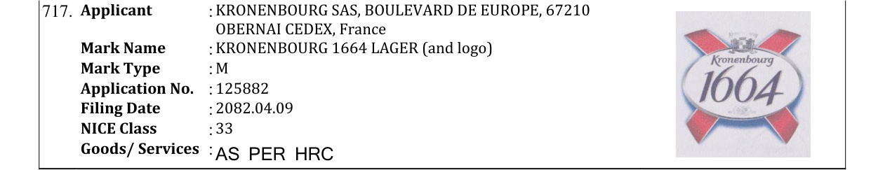 Original bulletin entry for KRONENBOURG 1664 LAGER (and logo)