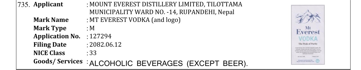 Original bulletin entry for MT EVEREST VODKA (and logo)