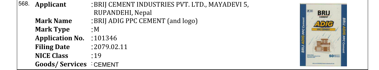 Original bulletin entry for BRIJ ADIG PPC CEMENT (and logo)