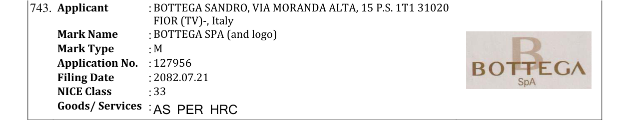 Original bulletin entry for BOTTEGA SPA (and logo)