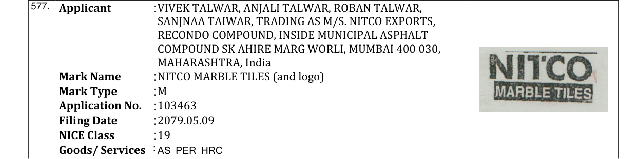 Original bulletin entry for NITCO MARBLE TILES (and logo)