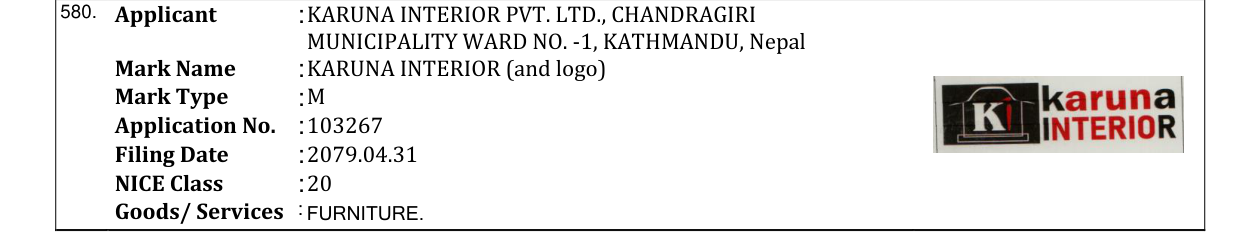 Original bulletin entry for KARUNA INTERIOR (and logo)