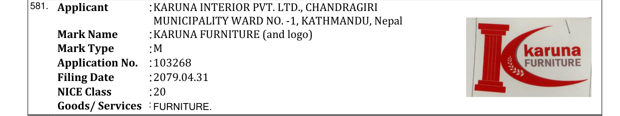 Original bulletin entry for KARUNA FURNITURE (and logo)