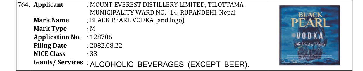 Original bulletin entry for BLACK PEARL VODKA (and logo)