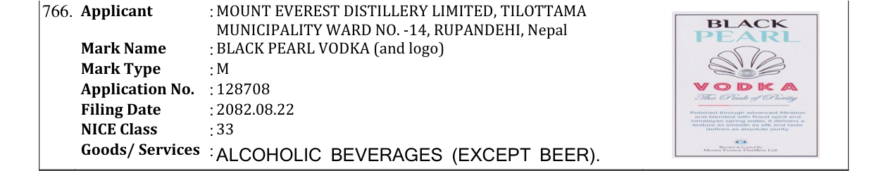 Original bulletin entry for BLACK PEARL VODKA (and logo)