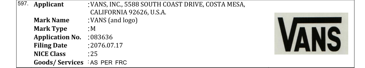 Original bulletin entry for VANS (and logo)