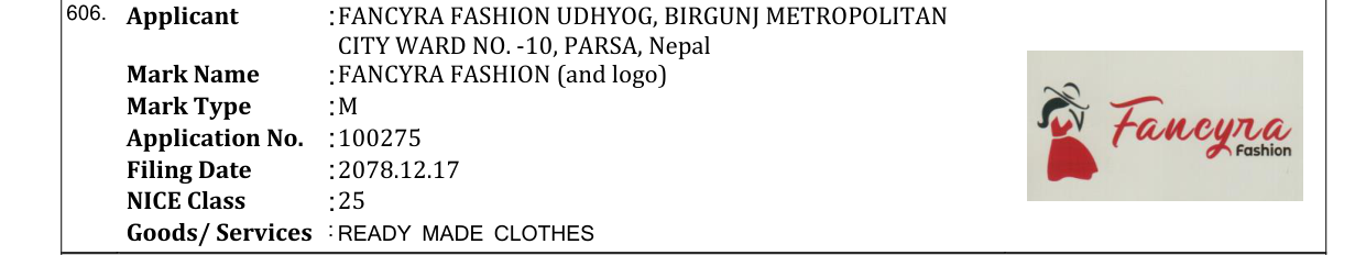 Original bulletin entry for FANCYRA FASHION (and logo)