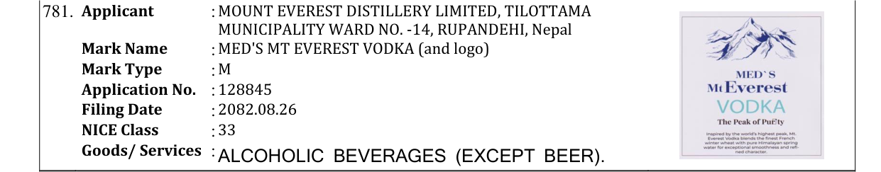 Original bulletin entry for MED'S MT EVEREST VODKA (and logo)