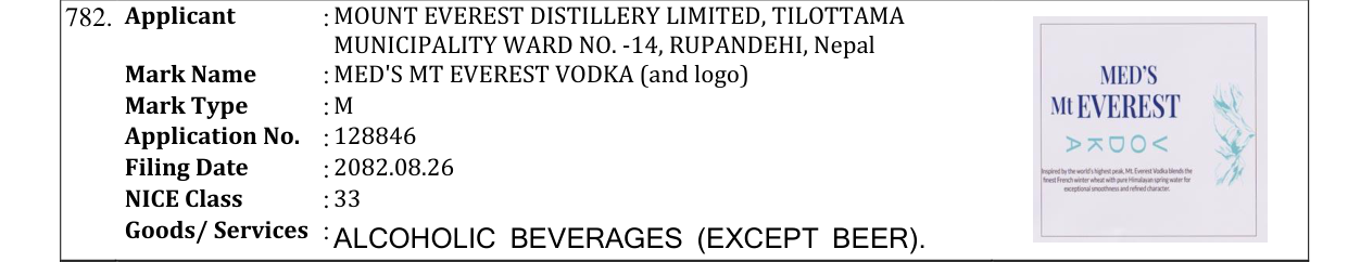 Original bulletin entry for MED'S MT EVEREST VODKA (and logo)