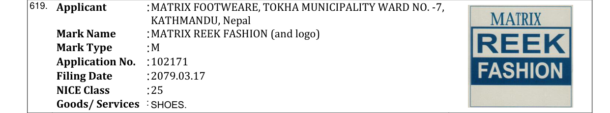 Original bulletin entry for MATRIX REEK FASHION (and logo)