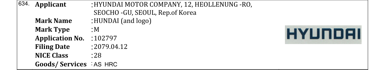 Original bulletin entry for HUNDAI (and logo)
