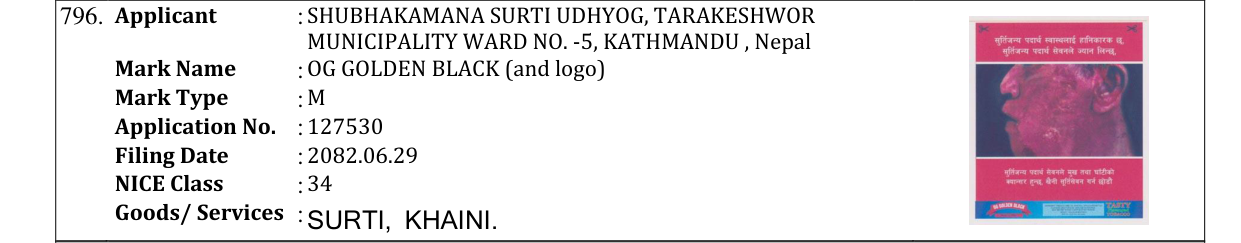 Original bulletin entry for OG GOLDEN BLACK (and logo)