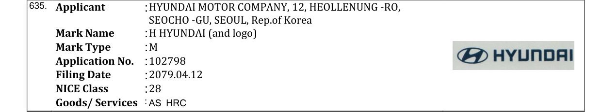 Original bulletin entry for H HYUNDAI (and logo)