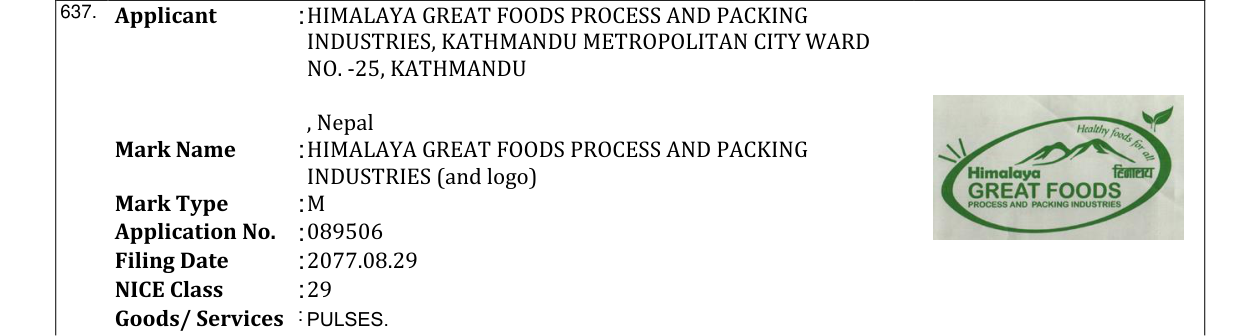 Original bulletin entry for HIMALAYA GREAT FOODS PROCESS AND PACKING INDUSTRIES (and logo)