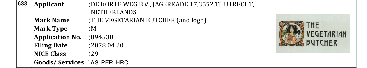 Original bulletin entry for THE VEGETARIAN BUTCHER (and logo)