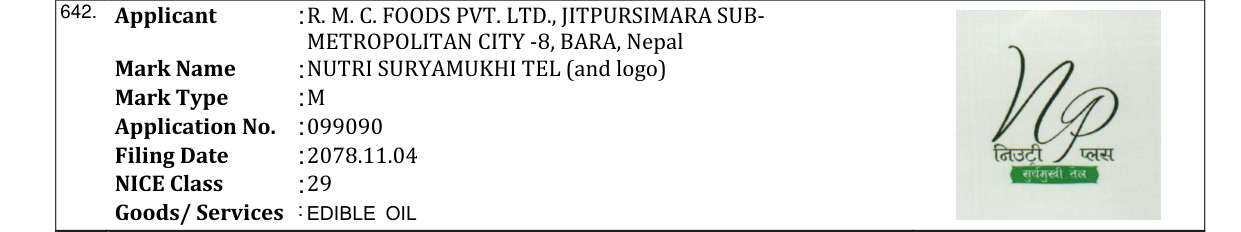 Original bulletin entry for NUTRI SURYAMUKHI TEL (and logo)
