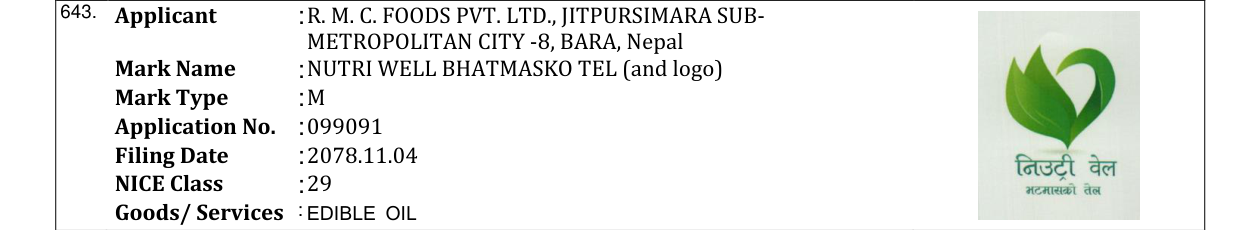 Original bulletin entry for NUTRI WELL BHATMASKO TEL (and logo)