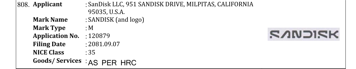 Original bulletin entry for SANDISK (and logo)