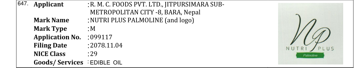 Original bulletin entry for NUTRI PLUS PALMOLINE (and logo)
