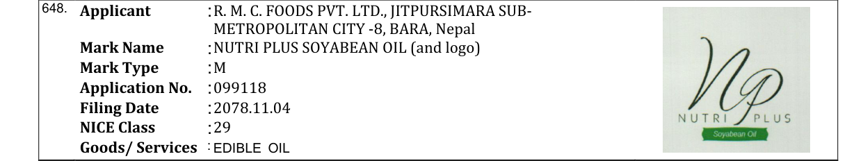 Original bulletin entry for NUTRI PLUS SOYABEAN OIL (and logo)