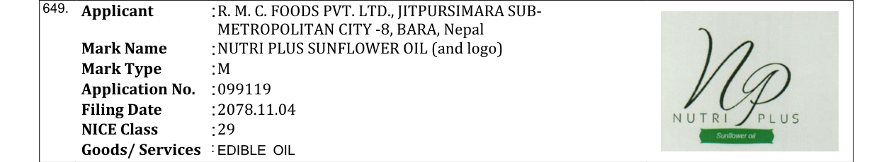 Original bulletin entry for NUTRI PLUS SUNFLOWER OIL (and logo)