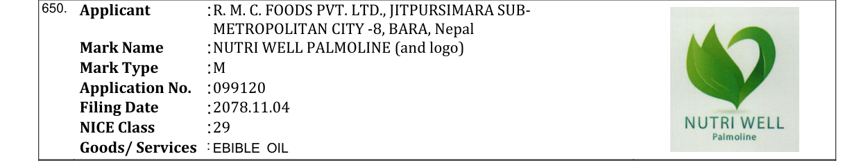 Original bulletin entry for NUTRI WELL PALMOLINE (and logo)