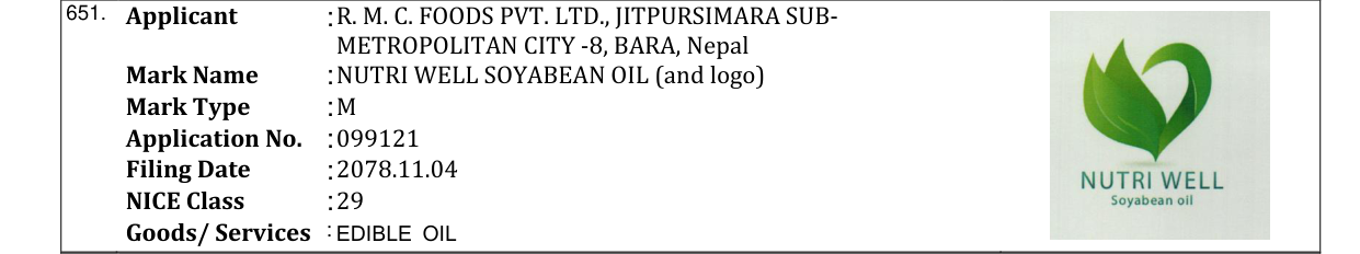 Original bulletin entry for NUTRI WELL SOYABEAN OIL (and logo)