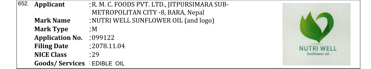 Original bulletin entry for NUTRI WELL SUNFLOWER OIL (and logo)