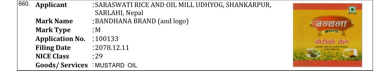 Original bulletin entry for BANDHANA BRAND (and logo)