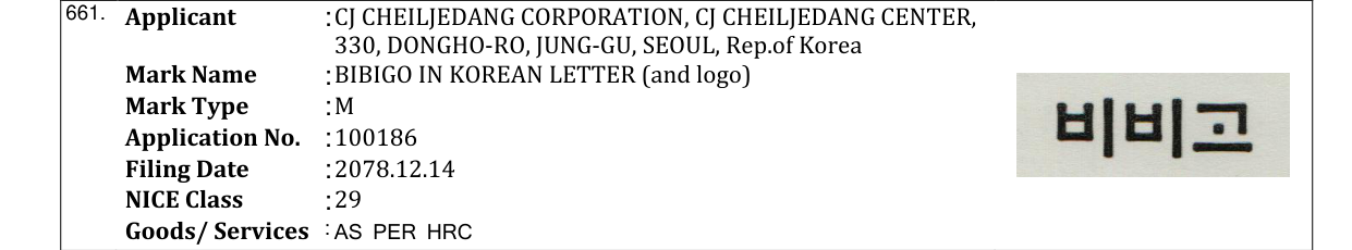 Original bulletin entry for BIBIGO IN KOREAN LETTER (and logo)
