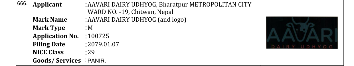 Original bulletin entry for AAVARI DAIRY UDHYOG (and logo)