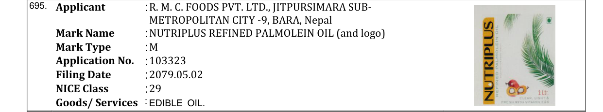 Original bulletin entry for NUTRIPLUS REFINED PALMOLEIN OIL (and logo)