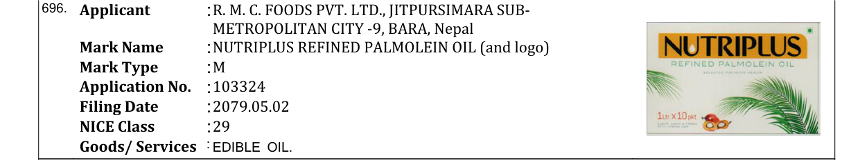 Original bulletin entry for NUTRIPLUS REFINED PALMOLEIN OIL (and logo)
