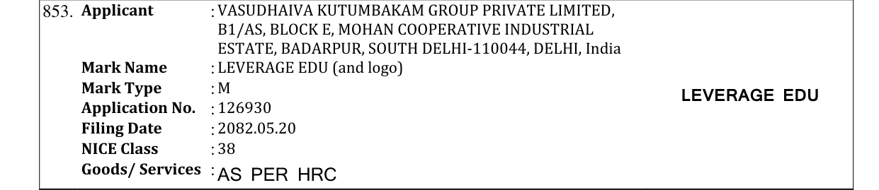 Original bulletin entry for LEVERAGE EDU (and logo)