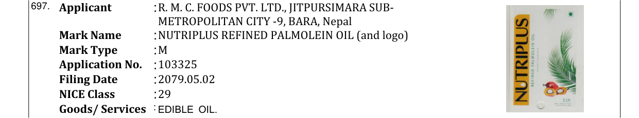 Original bulletin entry for NUTRIPLUS REFINED PALMOLEIN OIL (and logo)