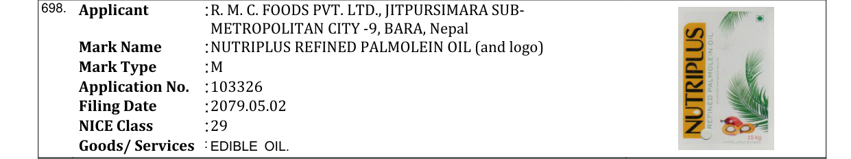 Original bulletin entry for NUTRIPLUS REFINED PALMOLEIN OIL (and logo)