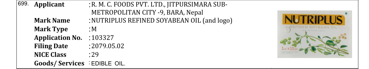 Original bulletin entry for NUTRIPLUS REFINED SOYABEAN OIL (and logo)