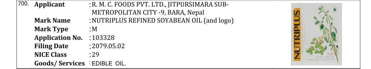 Original bulletin entry for NUTRIPLUS REFINED SOYABEAN OIL (and logo)
