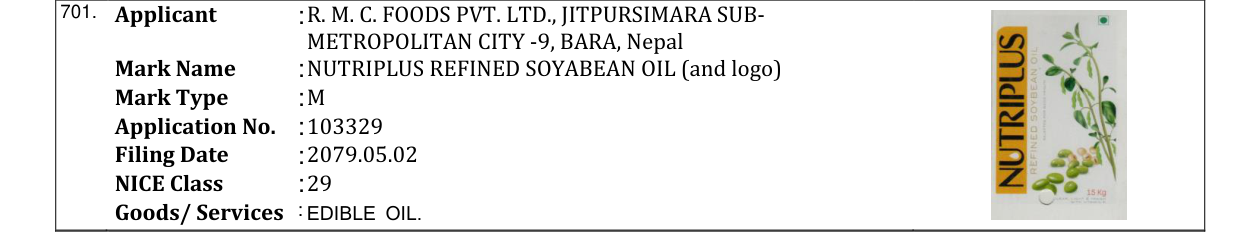 Original bulletin entry for NUTRIPLUS REFINED SOYABEAN OIL (and logo)