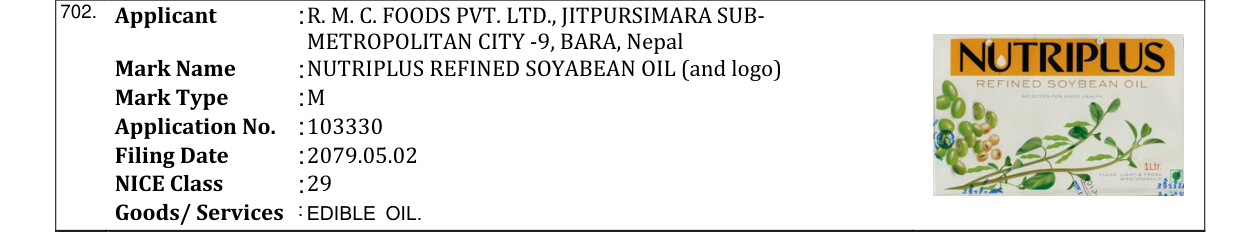 Original bulletin entry for NUTRIPLUS REFINED SOYABEAN OIL (and logo)