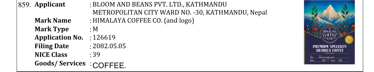 Original bulletin entry for HIMALAYA COFFEE CO. (and logo)
