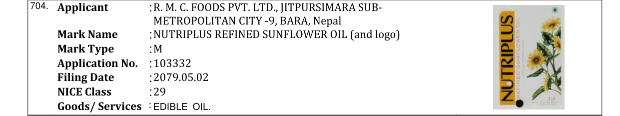 Original bulletin entry for NUTRIPLUS REFINED SUNFLOWER OIL (and logo)