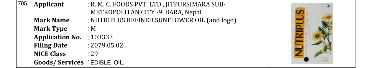 Original bulletin entry for NUTRIPLUS REFINED SUNFLOWER OIL (and logo)