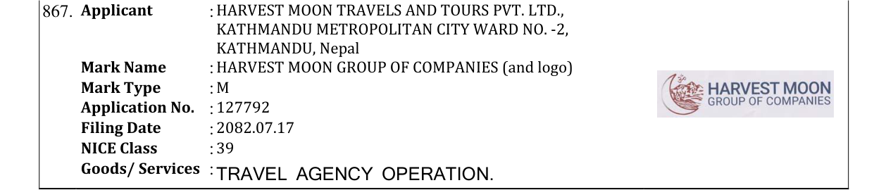Original bulletin entry for HARVEST MOON GROUP OF COMPANIES (and logo)