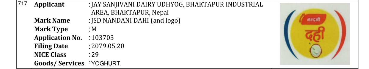 Original bulletin entry for JSD NANDANI DAHI (and logo)