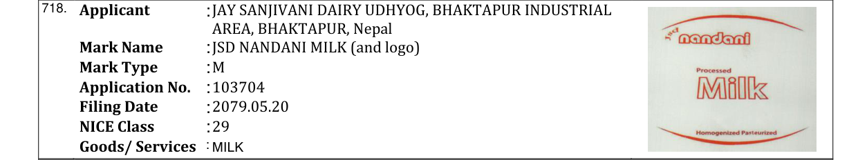 Original bulletin entry for JSD NANDANI MILK (and logo)