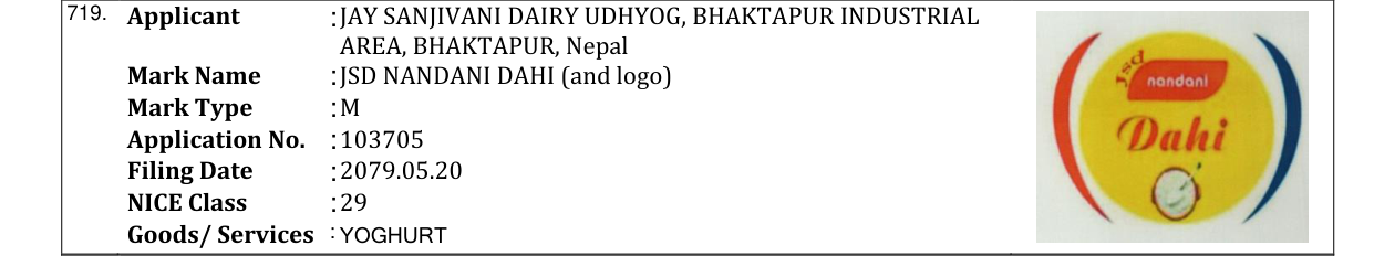 Original bulletin entry for JSD NANDANI DAHI (and logo)